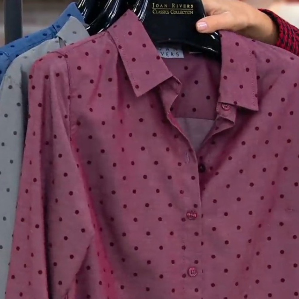 Joan Rivers Chambray denim Shirt with Polka Dot Flocking size XL wine color EUC